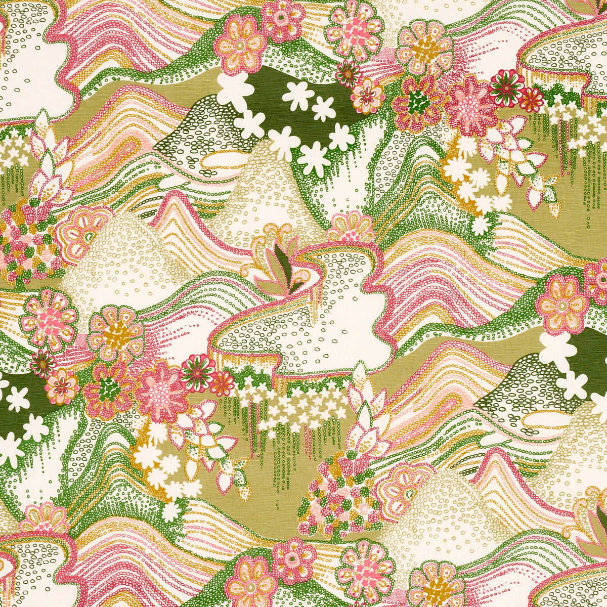 Daisy Chain Fabric Sample - Green And Pink
