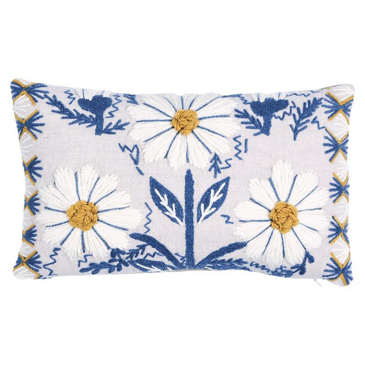 Marguerite Embroidery Pillow - Blue & Ochre